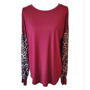 Magic Fit Burgundy Long Sleeve Raglan with Cuff Leopard Print Top Size L
